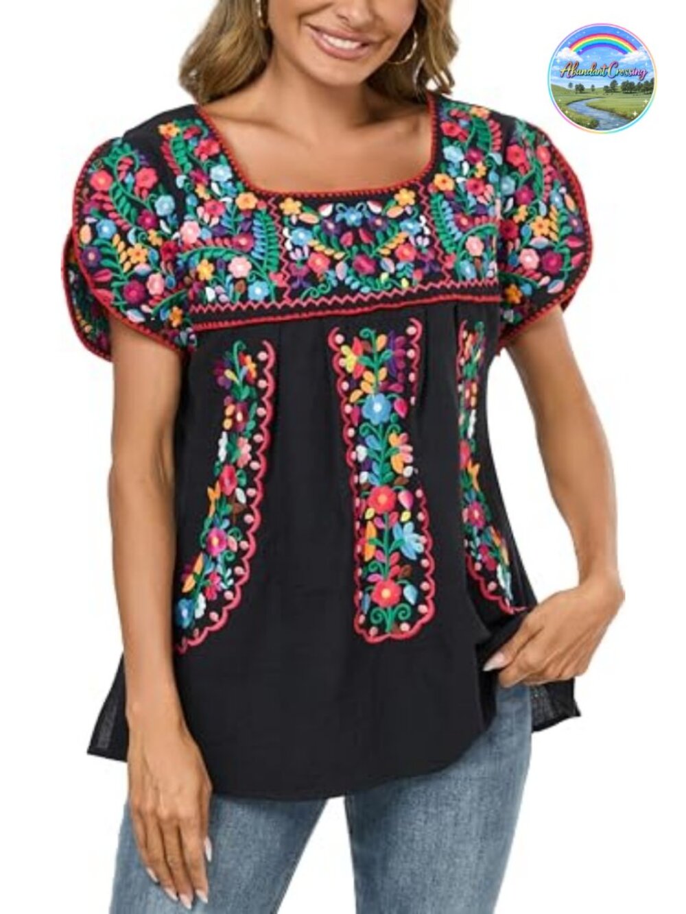 Embroidered Tunic Blouse 100% Cotton Peasant Top Summer Boho Shirt